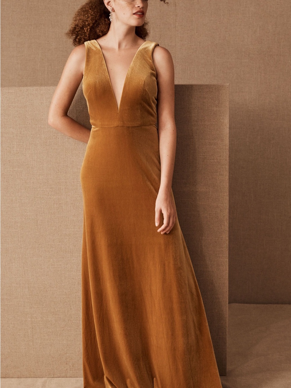 Jenny Yoo Gold Velvet V-Neck Maxi Bridesmaid Dress